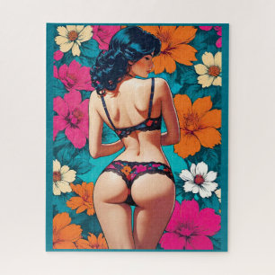 Pop Art Cheeky Girl in Bloemen Lingerie Blauwgroen Legpuzzel