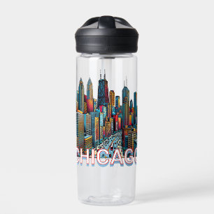 Pop art Comic Book Chicago Skyline gepersonaliseer Waterfles