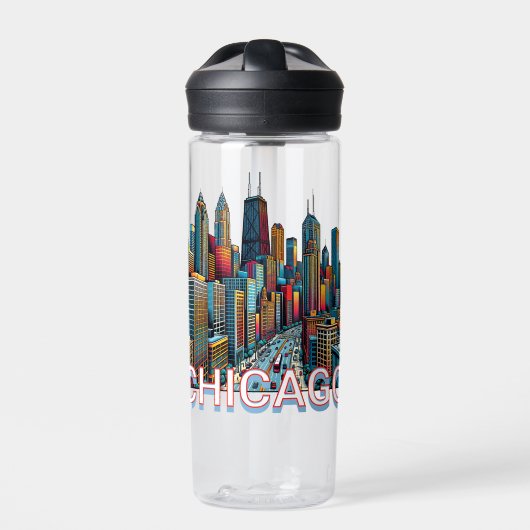 Pop art Comic Book Chicago Skyline gepersonaliseer Waterfles (Voorkant)