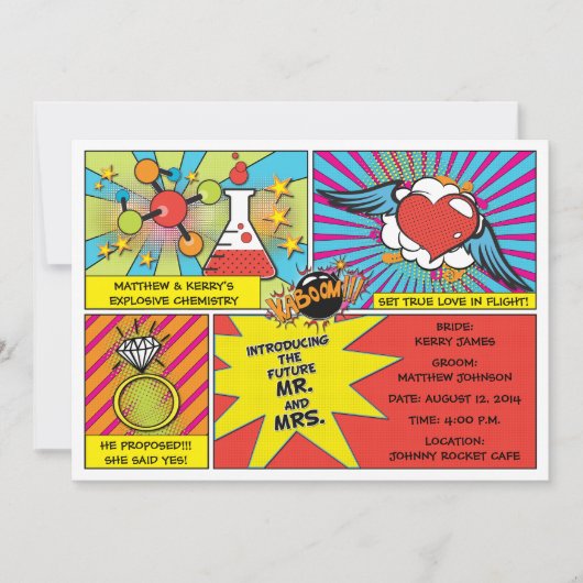 Pop Art Comic Book Engagement Party Invitation Kaart (Voorkant)
