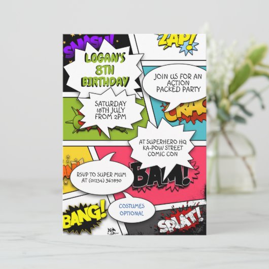 Pop Art Comic Book Party Invitations (Debout devant)