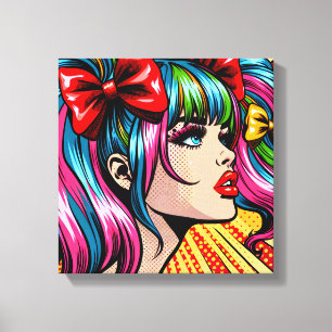  Pop Art Comic Meisje met strikken Canvas Afdruk