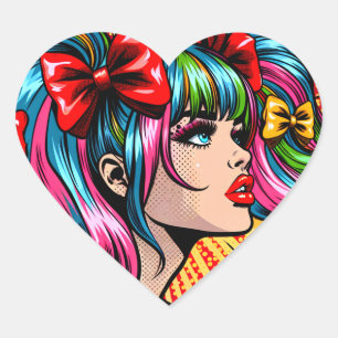 Pop Art Comic Meisje met strikken Hart Sticker
