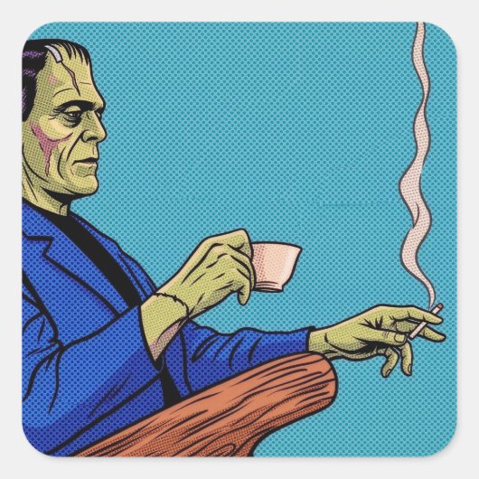 Pop Art Frankenstein Monster Drinking Tea Halftone Vierkante Sticker (Voorkant)