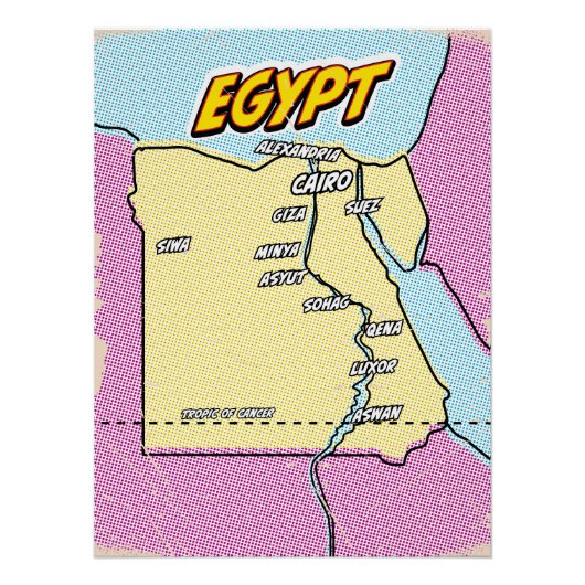 Pop Art geïllustreerde kaart van Egypte Perfect Poster (Voorkant)