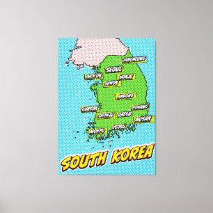 Pop Art geïllustreerde Zuid-Korea kaart Canvas Afdruk