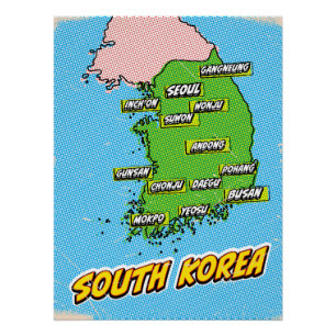 Pop Art geïllustreerde Zuid-Korea kaart Perfect Poster