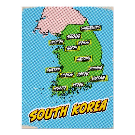 Pop Art geïllustreerde Zuid-Korea kaart Perfect Poster (Voorkant)