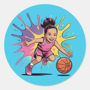 Pop Art Girl Basketbal Verjaardag Bash Ronde Sticker