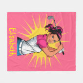 Pop Art Girl Golfer verjaardagsfeestje cadeau Fleece Deken (Voorkant (Horizontaal))
