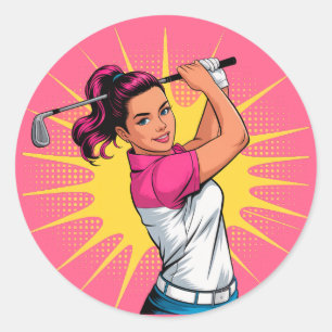Pop Art Girl Golfer verjaardagsfeestje Ronde Sticker