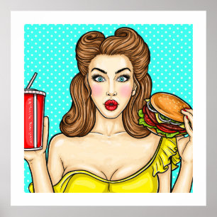 Pop Art Girl met Burger Kitchen 24x24 Poster