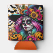 Pop Art Halloween Suikerschedel, spook en pompoene Blikjeskoeler (Achterkant)