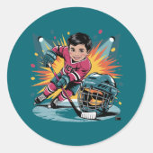 Pop Art Hockey Speler Verjaardag Bash Ronde Sticker (Voorkant)