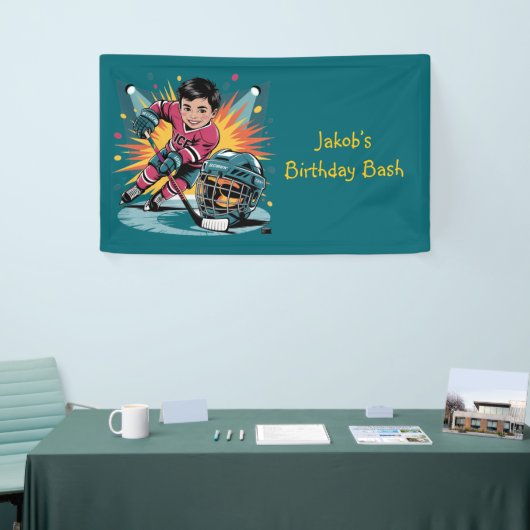 Pop Art Hockey Speler Verjaardag Bash Spandoek (Beurs)