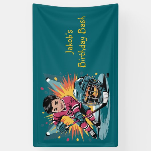 Pop Art Hockey Speler Verjaardag Bash Spandoek (Verticaal)