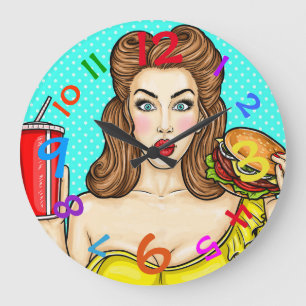 Pop Art Horloge Fille Manger Hamburger Coloré
