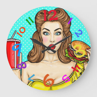 Pop Art Horloge Fille Manger Hamburger Coloré