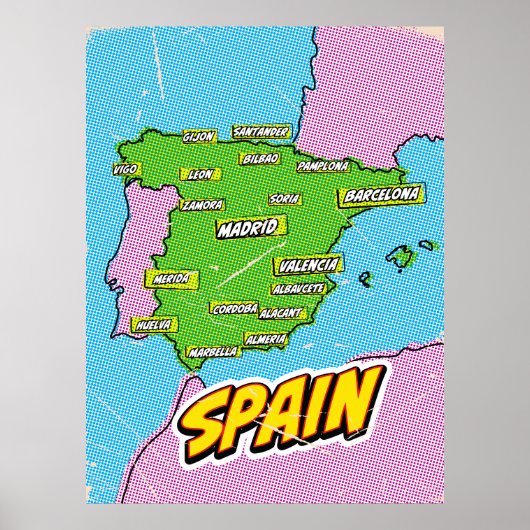 Pop Art Illustrated Spanje kaart Poster (Voorkant)