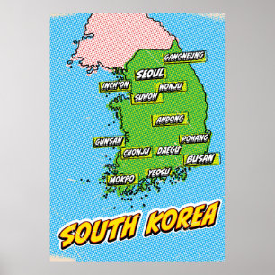 Pop Art Illustrated Zuid-Korea kaart Poster