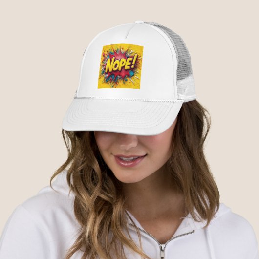Pop Art Illustration with Bold Yellow 'NOPE Trucker Pet (In situ)