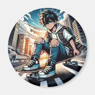 Pop Art-jongen op skateboard in de stad  Magneet