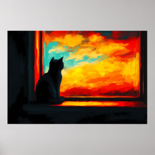 Pop Art Kat bij Zonsondergang - Uitzicht vanuit he Poster