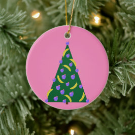 Pop Art kerstboom met appels en Bananas Roze Keramisch Ornament