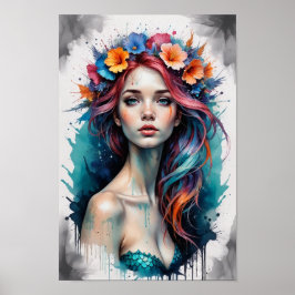 Pop Art Kleurrijke Zeemeermin Met Bloemenportret Poster