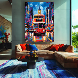 Pop Art Londense Bus met Big Ben Achtergrond Canvas Afdruk