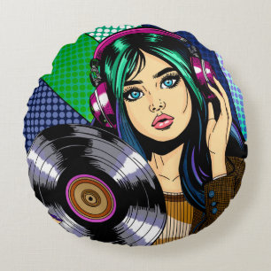 Pop Art-meisje met plaat Rond Kussen