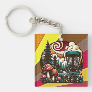 Pop Art Mushrooms en Disc Golf Course Ai Art Sleutelhanger