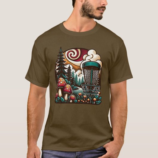 Pop Art Mushrooms en Disc Golf Course Ai Art T-shirt (Voorkant)
