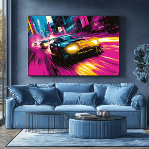 Pop Art Raceauto Neon Stad Muurkunst Poster