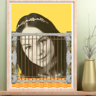 Pop Art Retro  Vrouw Gezicht gele achtergrond Poster
