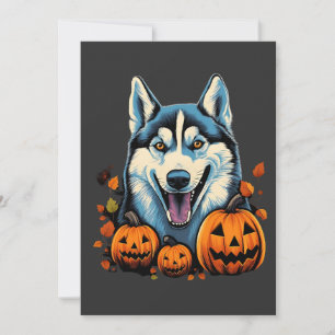 Pop Art Smilling Husky Dog met Pompoenen Halloween Feestdagenkaart