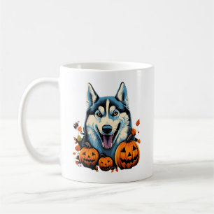 Pop Art Smilling Husky Dog met Pompoenen Halloween Koffiemok
