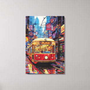 Pop Art Stadstram met Neonreflecties Canvas Afdruk