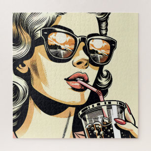 Pop Art stripboek mooie vrouw drinkt frisdrank Legpuzzel