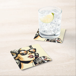 Pop Art stripboek mooie vrouw drinkt frisdrank Vierkante Kartonnen Onderzetter