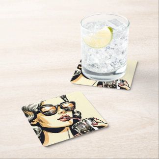 Pop Art stripboek mooie vrouw drinkt frisdrank Vierkante Kartonnen Onderzetter