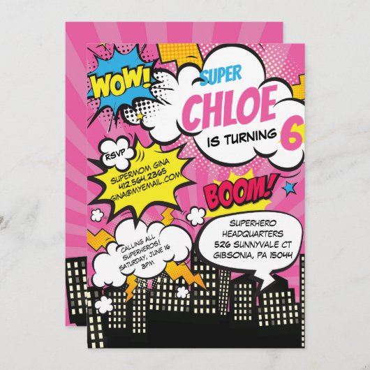 Pop Art Super Hero Invitation Anniversaire (Devant / Derrière)