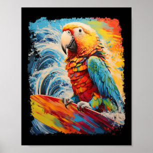 Pop Art Vintage Huisdier Vogel Papegaai Surfen Poster