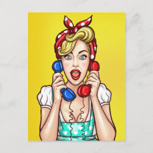 Pop Art Woman op het briefkaart van twee telefoons