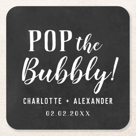 Pop: Bubble Elegant Personalized Wedding Black Vierkante Kartonnen Onderzetter (Voorkant)