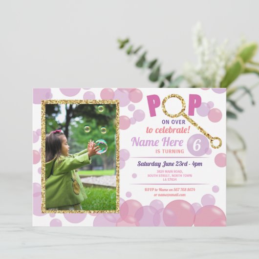 POP Bubble Lila verjaardag Roze foto Glitter Gold Kaart (Staand voorkant)