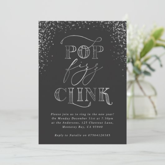 pop Clink Fizz Silver Holiday Party Uitnodiging (Staand voorkant)