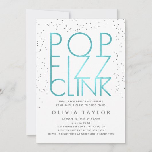 Pop Fizz Clink Bridal Shower Invitation, Aqua Kaart (Voorkant)