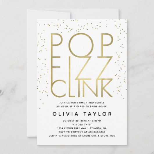 Pop Fizz Clink Bridal Shower Invitation, Faux Gold Kaart (Voorkant)