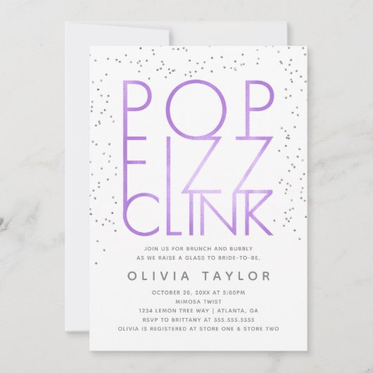 Pop Fizz Clink Bridal Shower Invitation, Paars Kaart (Voorkant)